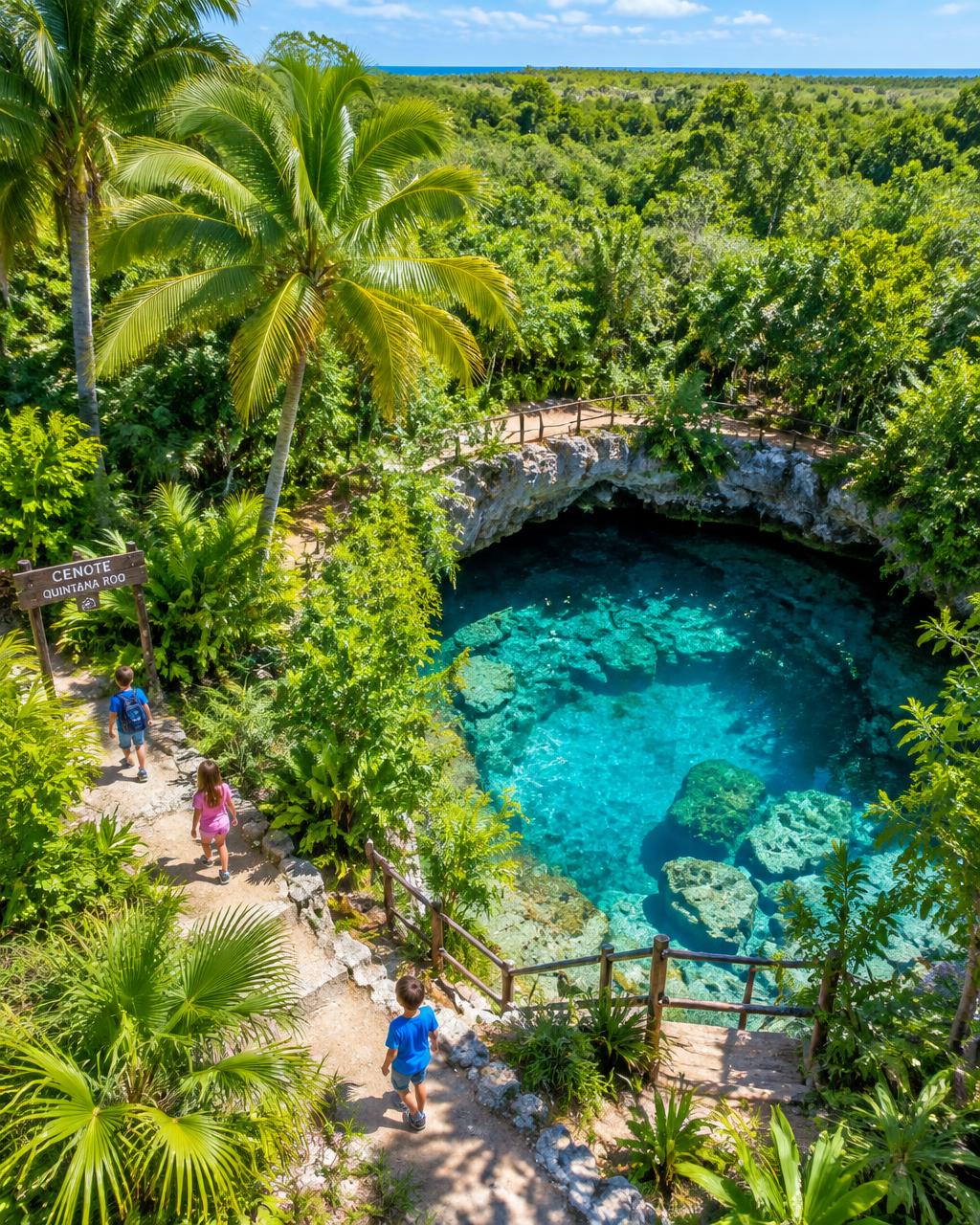 Vista aérea de la selva y el cenote del ecoparque Uxuxubi